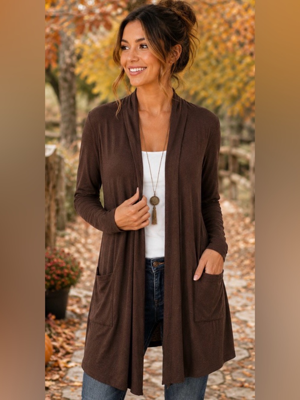 Zenana Brown Long Open Front Cardigan L Pockets Soft Stretch Duster Boho So Soft